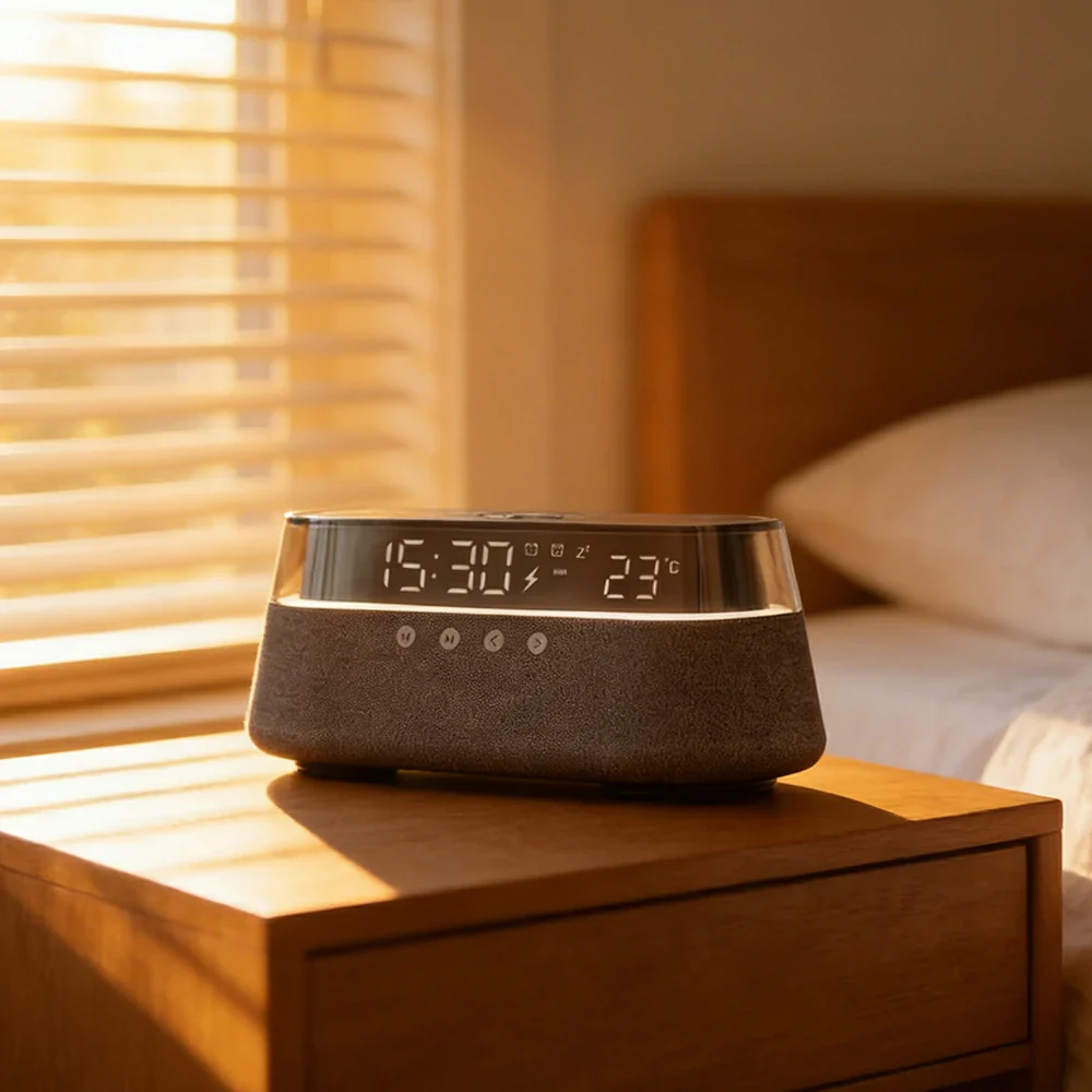 NEVORA Bluetooth Speaker Wireless Charging Clock Temperature Display Ambient Lighting Design - Grey - Image 4