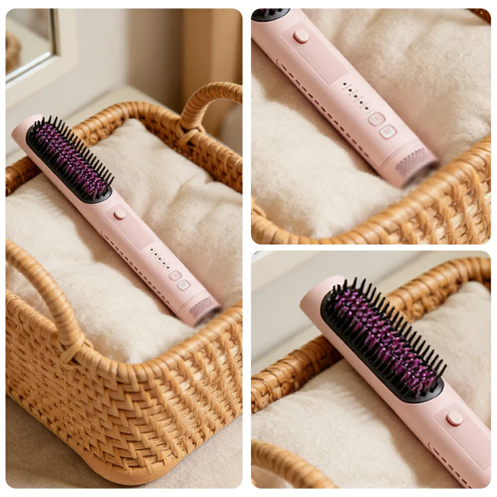 NEVORA 2-in-1 Hair Styling Brush Interchangeable Head with Negative Ion Technology Ceramic Glaze Curved Design - Pink - Image 3