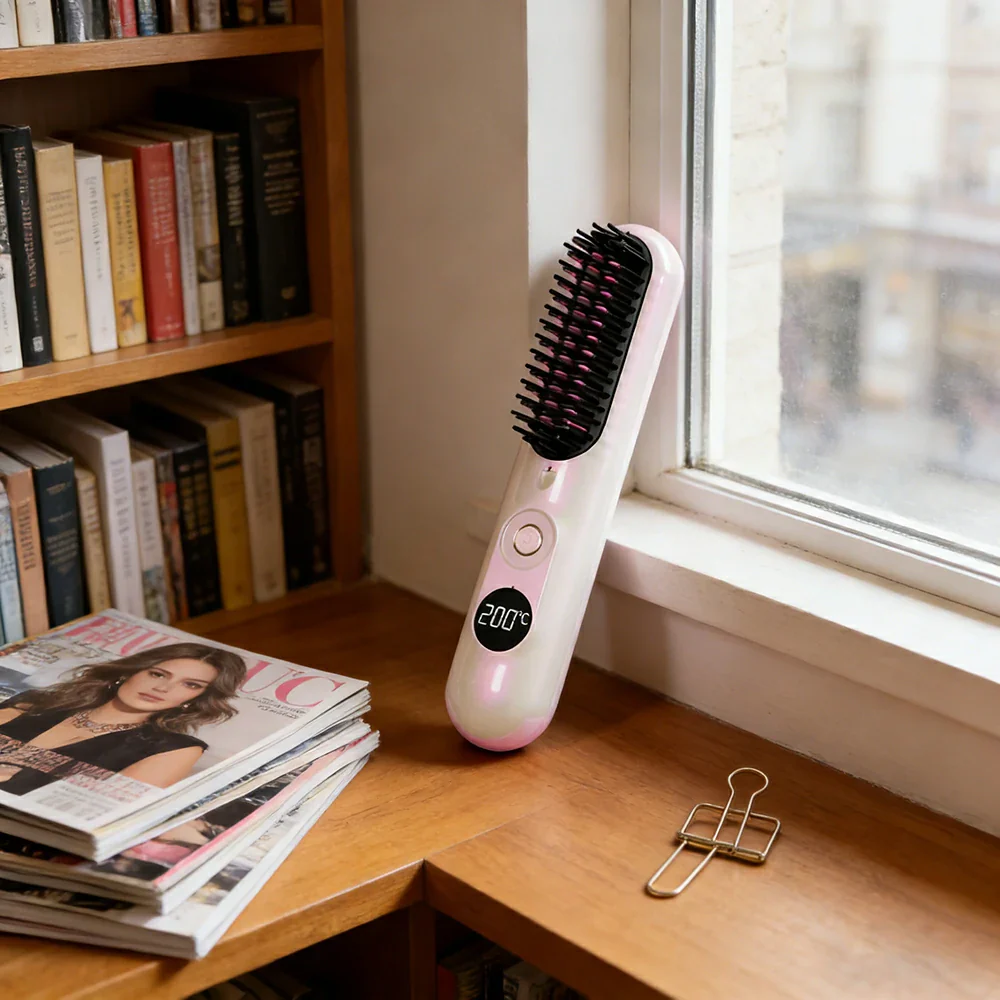 NEVORA Cordless Hair Styling Brush with LCD Temperature Control Negative Ion Technology and 4000mAh Battery - Pink - Image 3