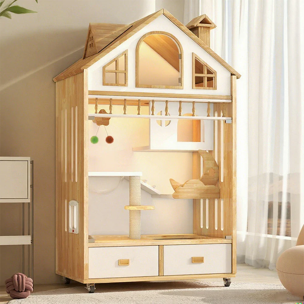 PAWORA Indoor Wooden Cat Villa 90cm - Eco-Friendly Board, Warm Lighting, Ventilated Design, Spacious Pet House for 2–3 Adult Cats - Natural Wood - Image 2