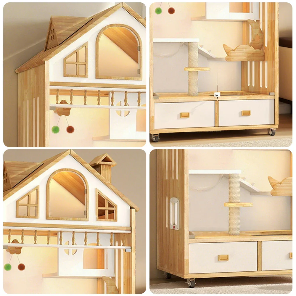 PAWORA Indoor Wooden Cat Villa 90cm - Eco-Friendly Board, Warm Lighting, Ventilated Design, Spacious Pet House for 2–3 Adult Cats - Natural Wood - Image 3
