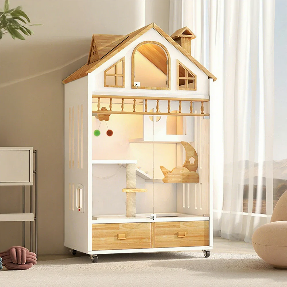 PAWORA Indoor Wooden Cat Villa 90cm - Eco-Friendly Board, Warm Lighting, Ventilated Design, Spacious Pet House for 2–3 Adult Cats - White - Image 4