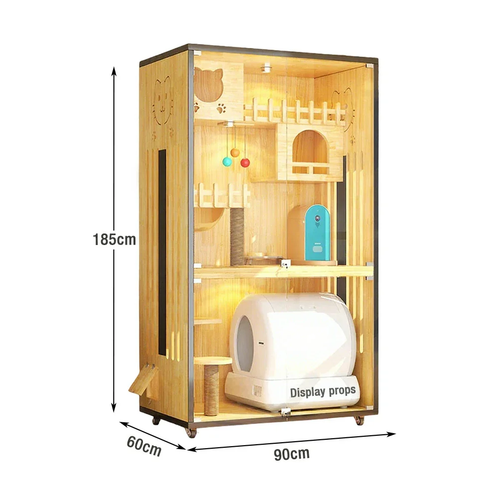 PAWORA Luxury Indoor Wooden Cat House – Eco-Friendly Board, Tempered Glass, Multi-Level Design with Ventilation, 125/185cm - Natural Wood - Image 10