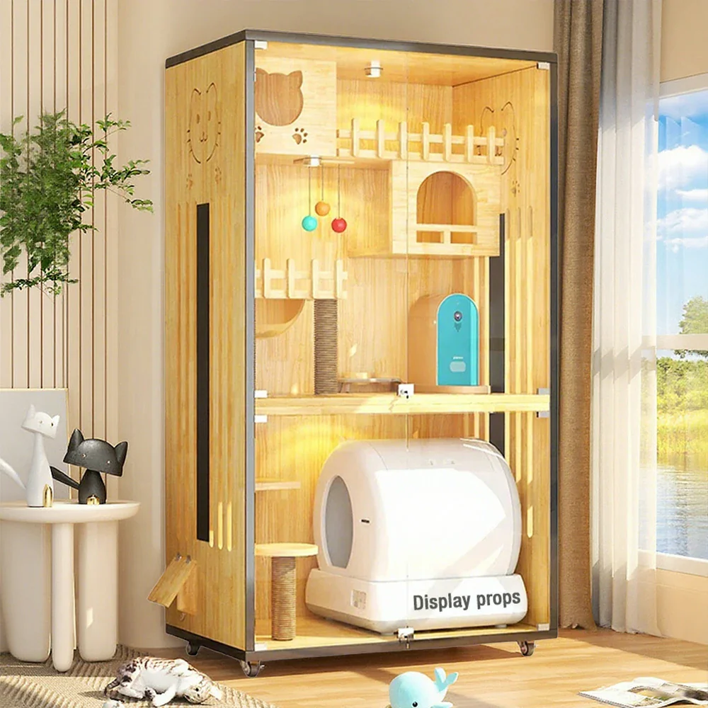 PAWORA Luxury Indoor Wooden Cat House – Eco-Friendly Board, Tempered Glass, Multi-Level Design with Ventilation, 125/185cm - Natural Wood - Image 9