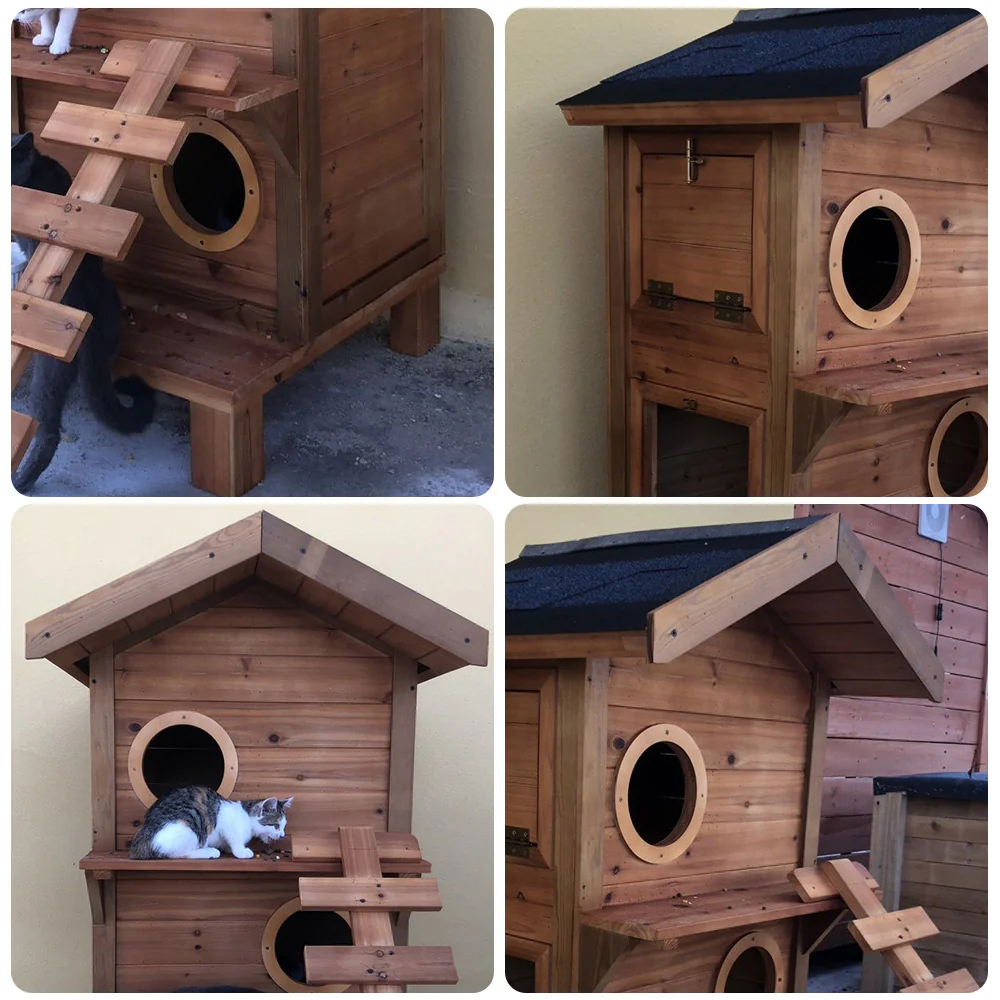 PAWORA Outdoor Cat House - Durable Fir Wood, Scratch-Resistant, Moisture-Proof, Ventilated Design with Waterproof Roof, All-Season Pet Shelter - Wood - Image 3