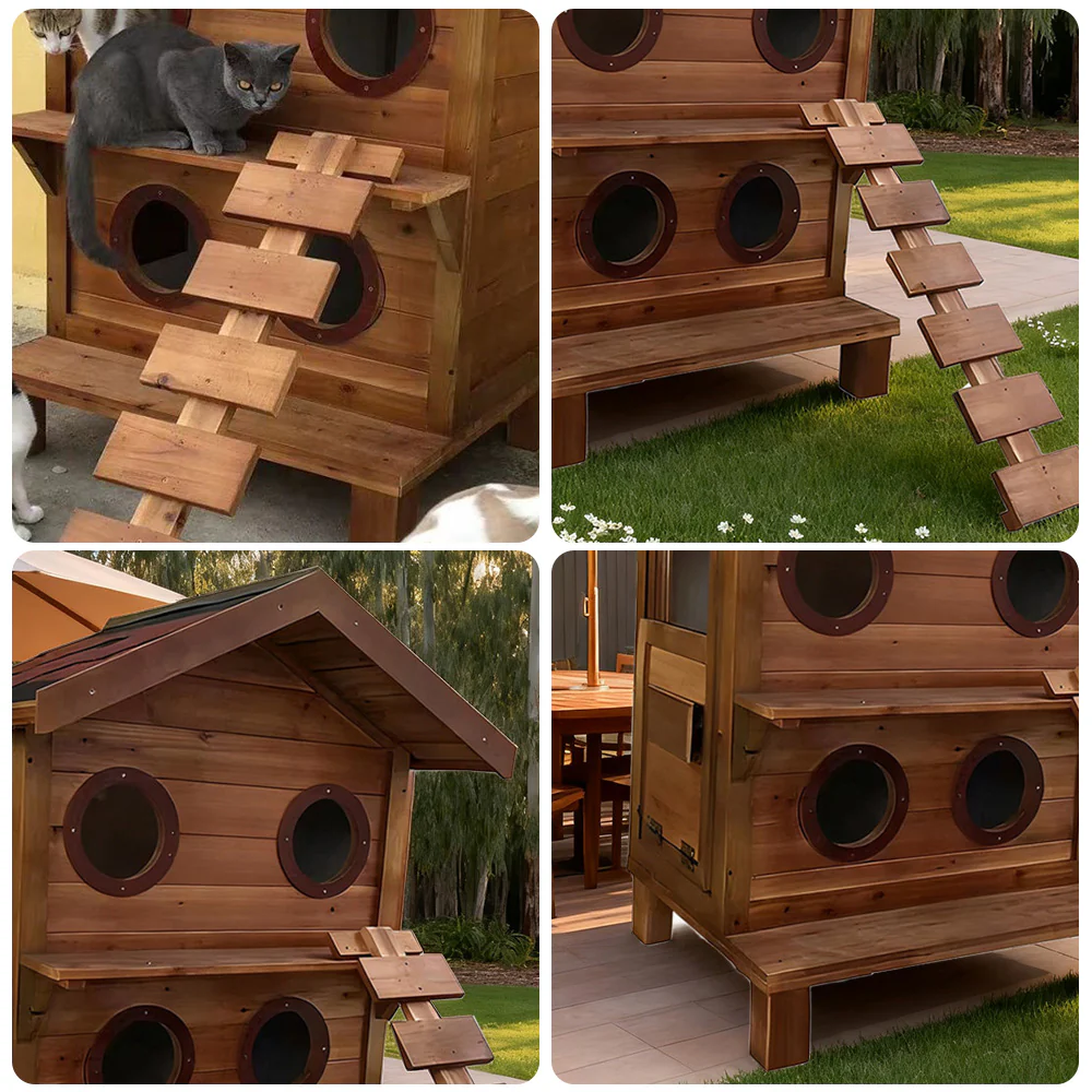 PAWORA Outdoor Cat House - Fir Wood Construction, Scratch-Resistant, Moisture-Proof, Ventilated with Waterproof Roof, All-Season Durable Pet Shelter - Wood - Image 3
