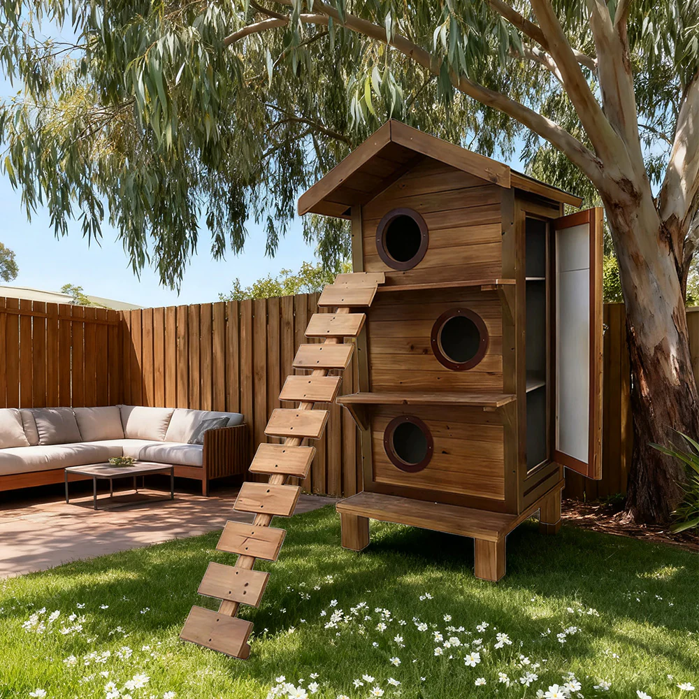 PAWORA Outdoor Cat House - Durable Fir Wood, Weatherproof Roof, Scratch-Resistant, Moisture-Proof, Ventilated Design, All-Season Safe Shelter for Pets - Image 2