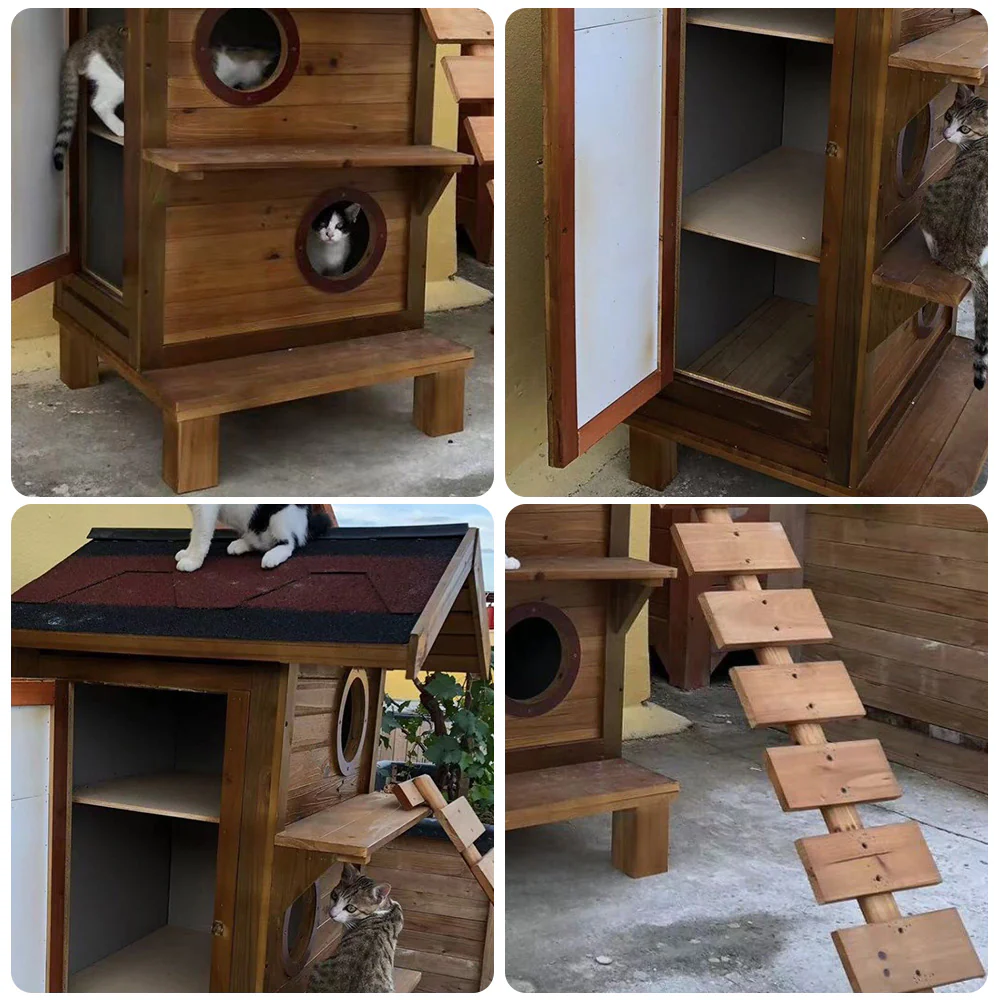 PAWORA Outdoor Cat House - Durable Fir Wood, Weatherproof Roof, Scratch-Resistant, Moisture-Proof, Ventilated Design, All-Season Safe Shelter for Pets - Image 3