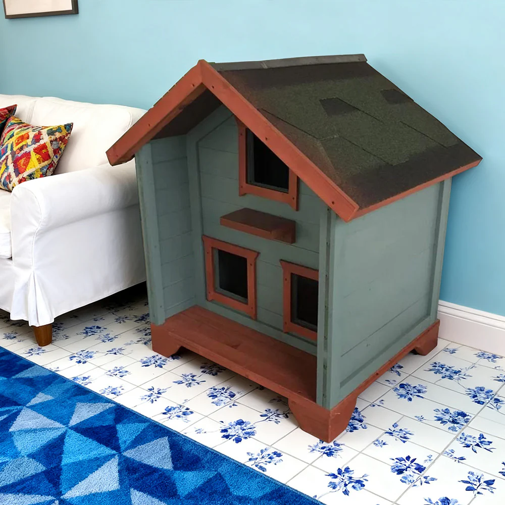 PAWORA Outdoor Cat House - Durable Fir Wood, Weatherproof Roof, Breathable Design, Scratch-Resistant, Safe All-Season Shelter - Blue - Image 2