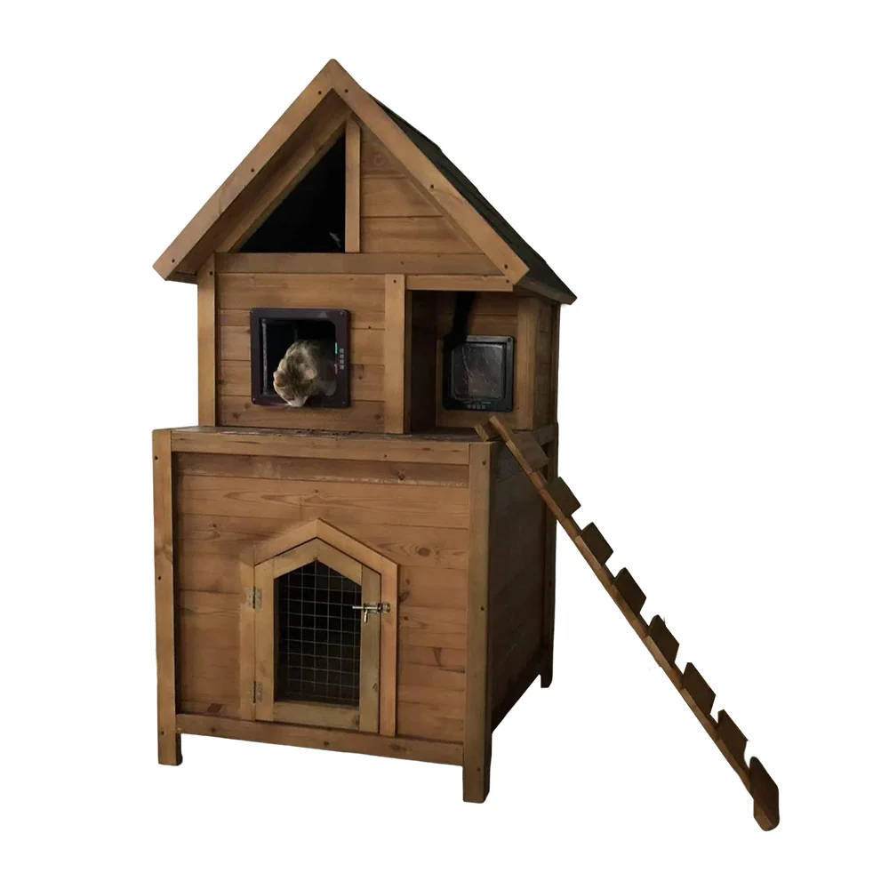 PAWORA Outdoor Cat House - Easy to Clean, Fir Wood Build, Waterproof Roof, Ventilated Design, Comfortable All-Season Pet Shelter - Wood