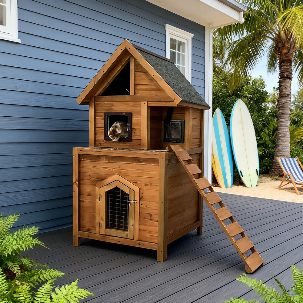 PAWORA Outdoor Cat House - Easy to Clean, Fir Wood Build, Waterproof Roof, Ventilated Design, Comfortable All-Season Pet Shelter - Wood - Image 2