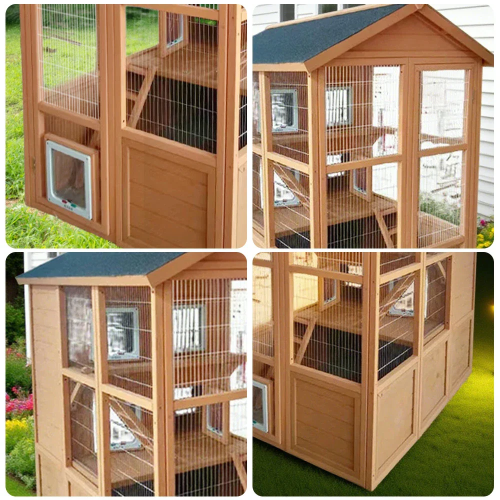 PAWORA Outdoor Wooden Cat Enclosure, Durable Pine Structure, Waterproof Asphalt Roof, Multi-Level Play & Ventilated Design - Natural Wood - Image 3