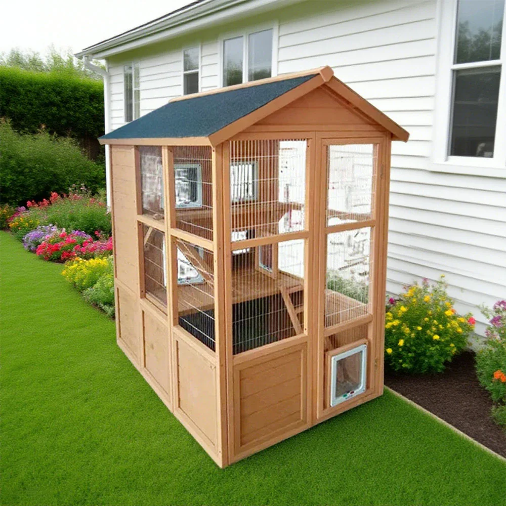PAWORA Outdoor Wooden Cat Enclosure, Durable Pine Structure, Waterproof Asphalt Roof, Multi-Level Play & Ventilated Design - Natural Wood - Image 4