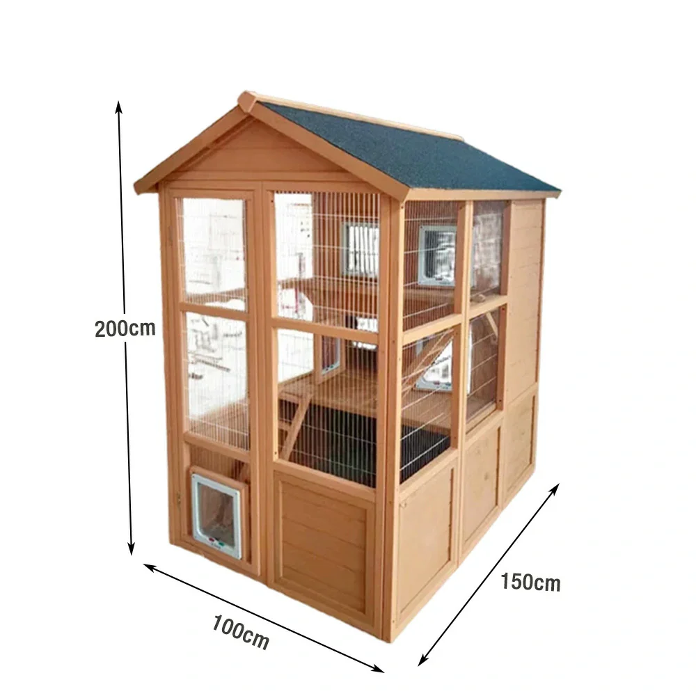 PAWORA Outdoor Wooden Cat Enclosure, Durable Pine Structure, Waterproof Asphalt Roof, Multi-Level Play & Ventilated Design - Natural Wood - Image 5