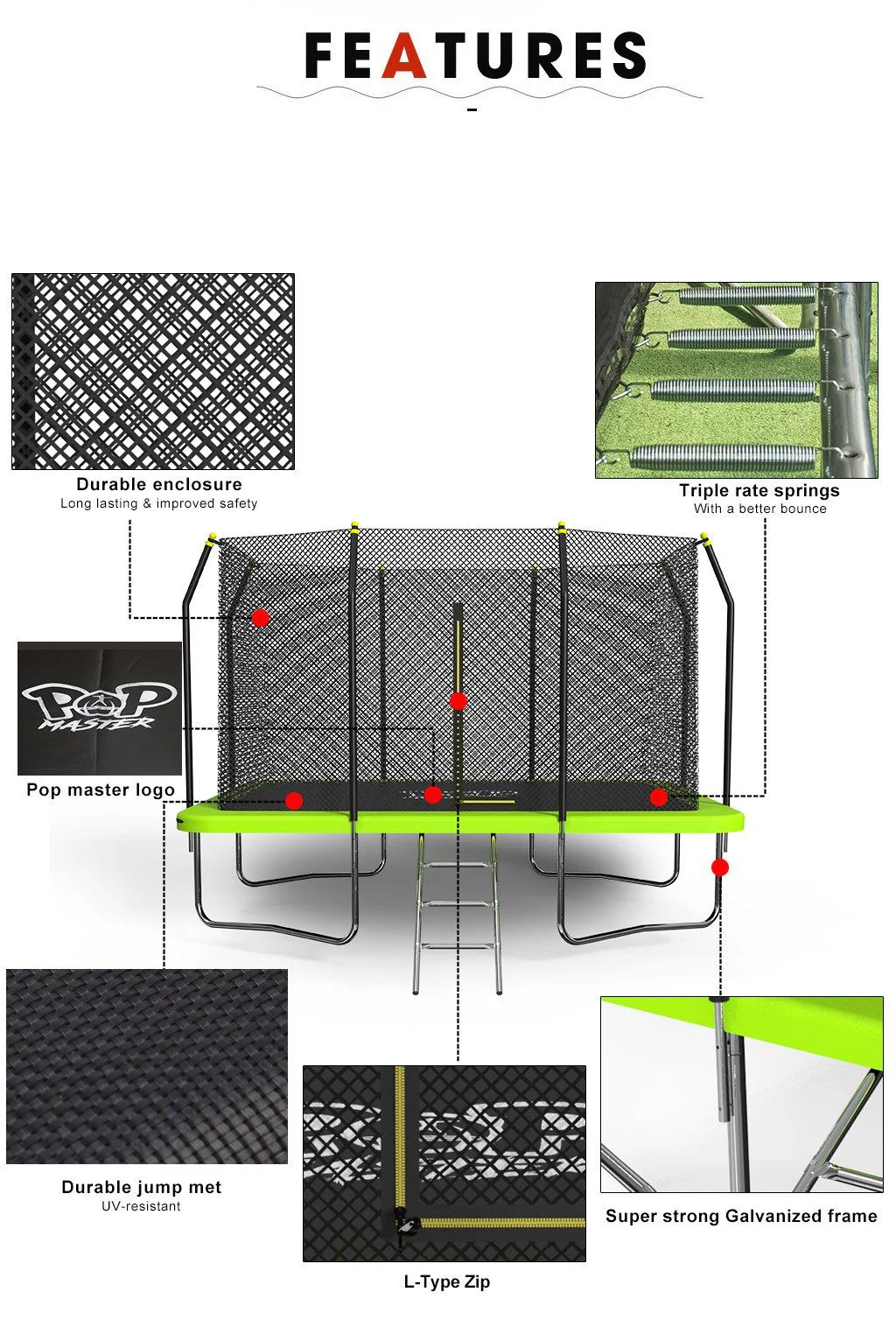 POP MASTER 8FT x 11FT Rectangular Trampoline with Spring Ladder Safety Net Kids - Image 8