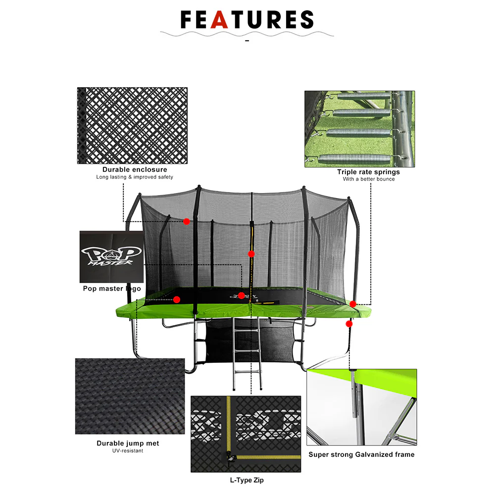 POP MASTER 9FT x 12FT Rectangular Trampoline with Spring Ladder Safety Net Kids - Image 3