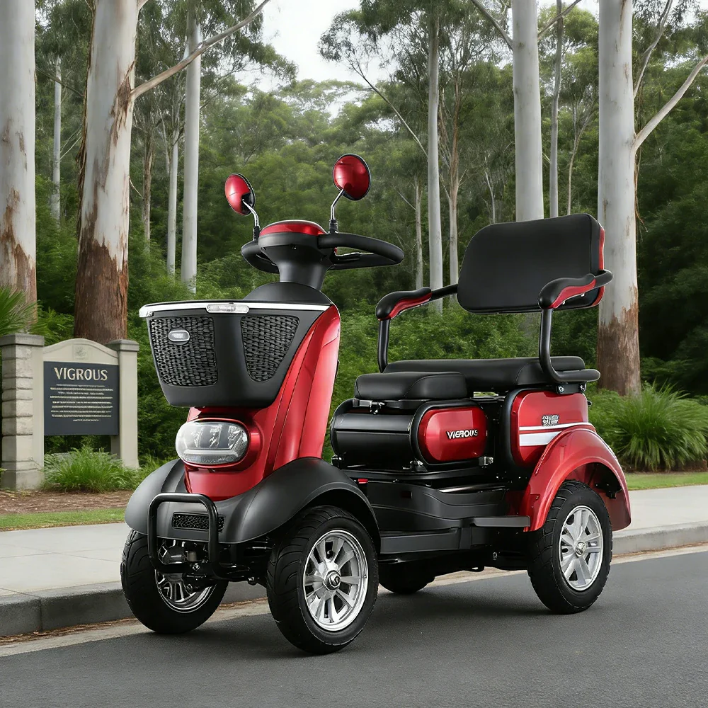 ROLLUX BOOM-3 Electric Mobility Scooter - 48V 20Ah Lead-Acid Battery, 20km/h Max Speed, 33km Range, Four-Wheel Stable Design, LED Lighting & Front Basket - Red - Image 2