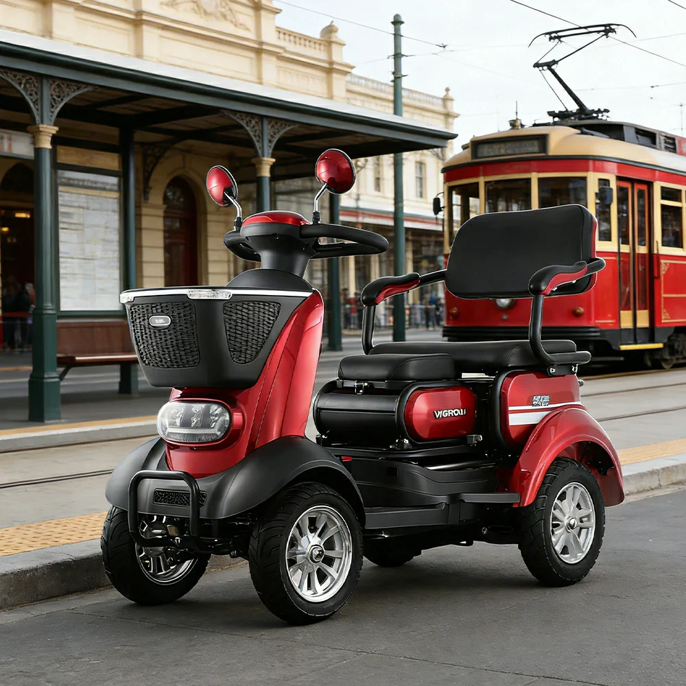 ROLLUX BOOM-3 Electric Mobility Scooter - 48V 20Ah Lead-Acid Battery, 20km/h Max Speed, 33km Range, Four-Wheel Stable Design, LED Lighting & Front Basket - Red - Image 4