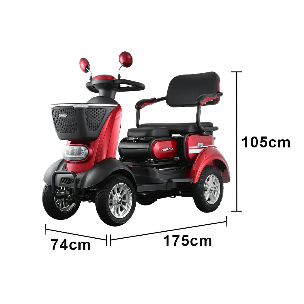 ROLLUX BOOM-3 Electric Mobility Scooter - 48V 20Ah Lead-Acid Battery, 20km/h Max Speed, 33km Range, Four-Wheel Stable Design, LED Lighting & Front Basket - Red - Image 5