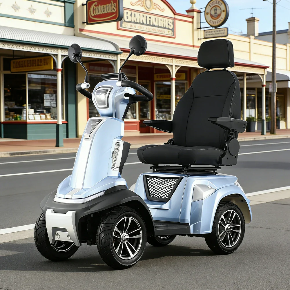 ROLLUX SPIRITE-3 Electric Mobility Scooter - Four-Wheel Stability, 48V 20Ah Battery, 40-45km Range, 20km/h Max Speed, Electromagnetic Brake, LED Lighting - Silver & Blue - Image 2