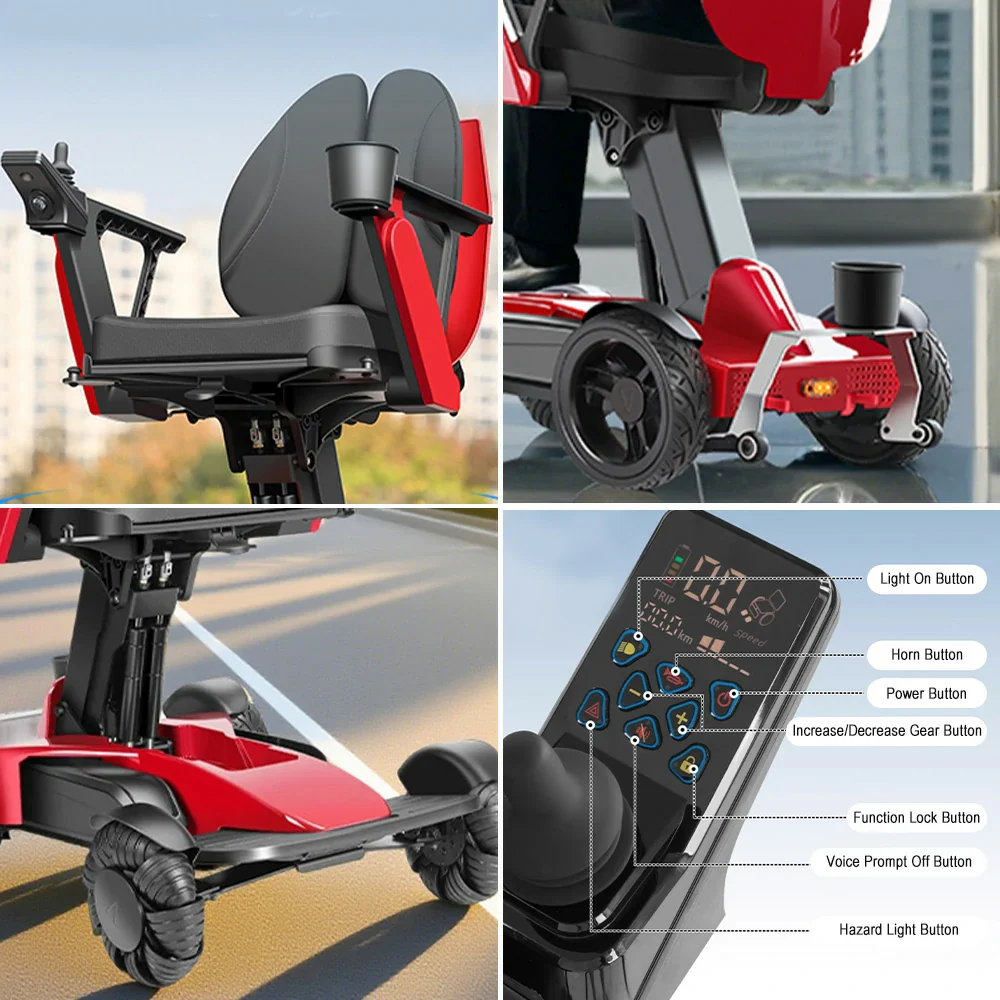ROLLUX Foldable Compact 4-Wheel Mobility Scooter - 13Ah/20Ah Lithium Battery, Portable & Easy to Store - Red - Image 3