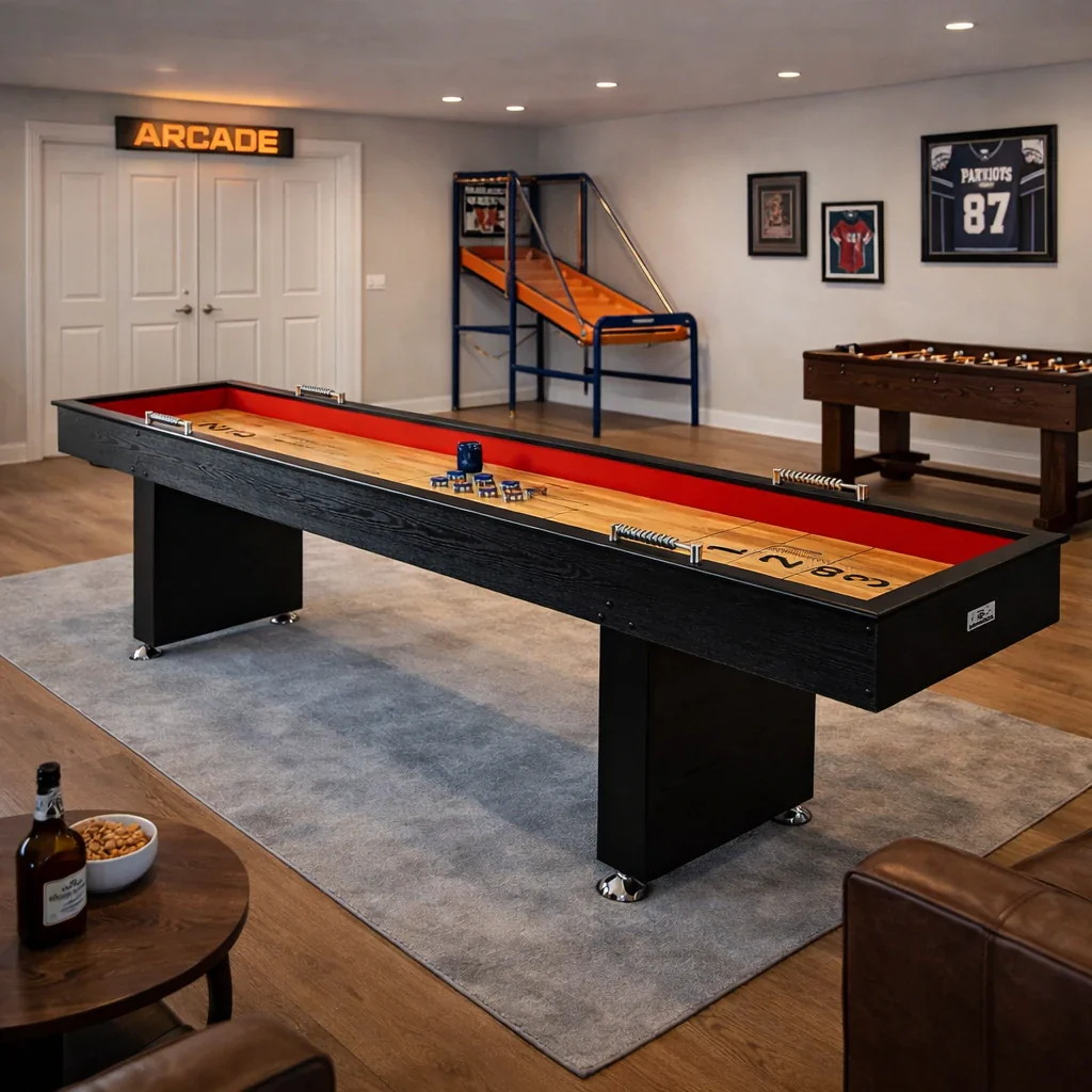 SHUFLEX 9FT Shuffleboard Table - Solid Wood Construction, Built-In Storage Legs, Smooth Metal Pucks, Adjustable Leveling Feet, Indoor Game Table - Black Wood Grain - Image 2
