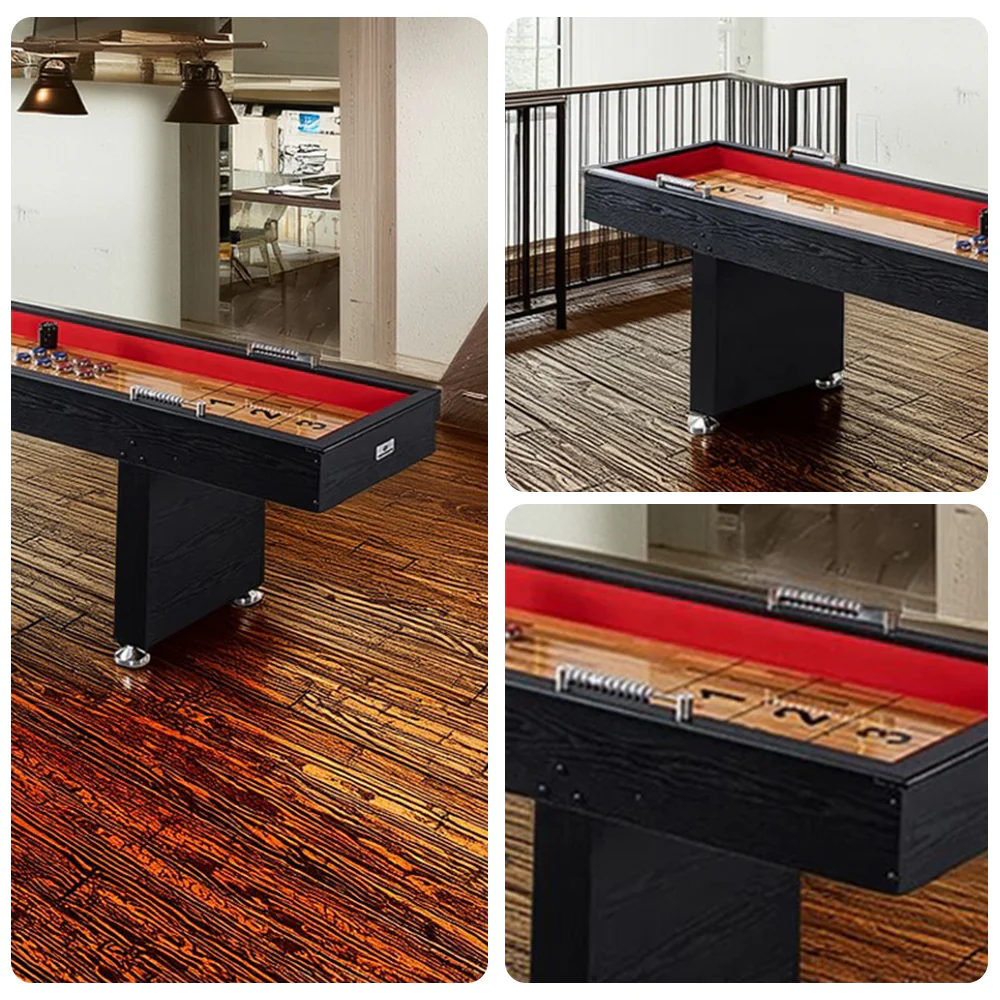 SHUFLEX 9FT Shuffleboard Table - Solid Wood Construction, Built-In Storage Legs, Smooth Metal Pucks, Adjustable Leveling Feet, Indoor Game Table - Black Wood Grain - Image 3