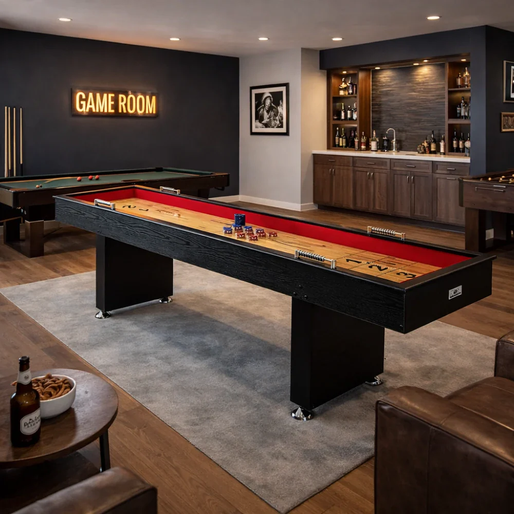 SHUFLEX 9FT Shuffleboard Table - Solid Wood Construction, Built-In Storage Legs, Smooth Metal Pucks, Adjustable Leveling Feet, Indoor Game Table - Black Wood Grain - Image 4