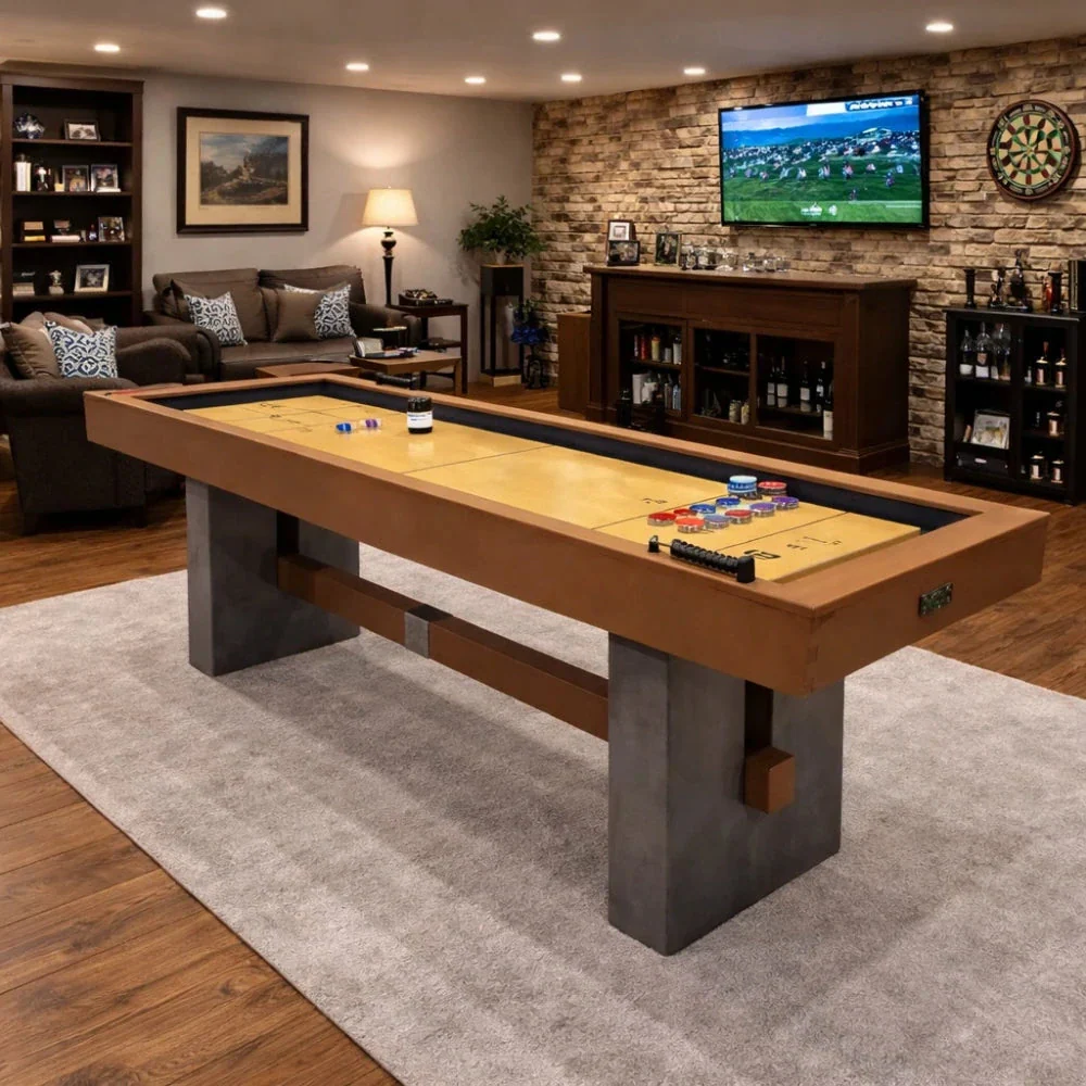 SHUFLEX 9FT Solid Wood Shuffleboard Table - UV-Coated Birch Playing Surface, Smooth Stable Roll, Industrial Style Cement-Effect Legs, Indoor Game Table - Natural Wood - Image 2