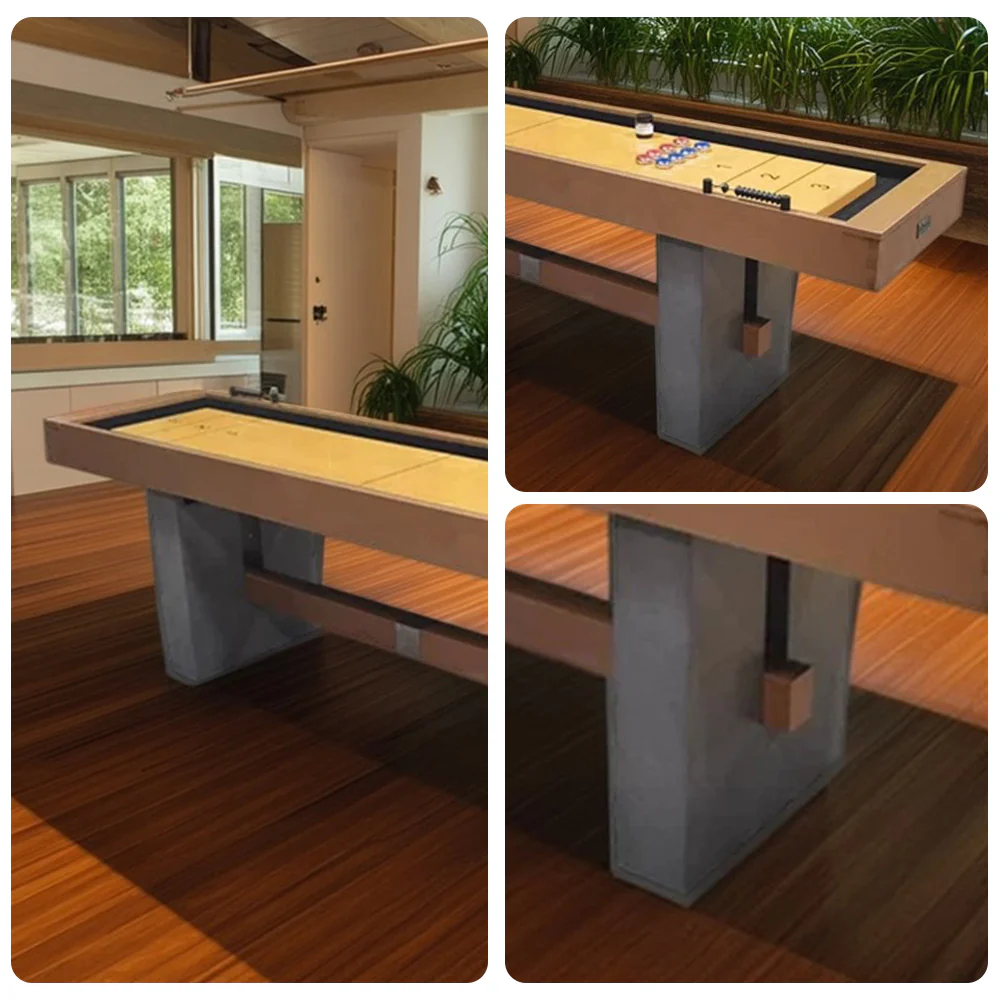 SHUFLEX 9FT Solid Wood Shuffleboard Table - UV-Coated Birch Playing Surface, Smooth Stable Roll, Industrial Style Cement-Effect Legs, Indoor Game Table - Natural Wood - Image 3