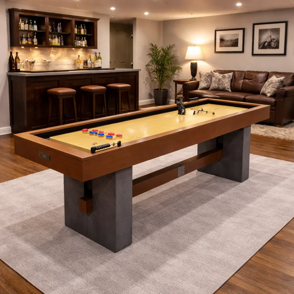 SHUFLEX 9FT Solid Wood Shuffleboard Table - UV-Coated Birch Playing Surface, Smooth Stable Roll, Industrial Style Cement-Effect Legs, Indoor Game Table - Natural Wood - Image 4