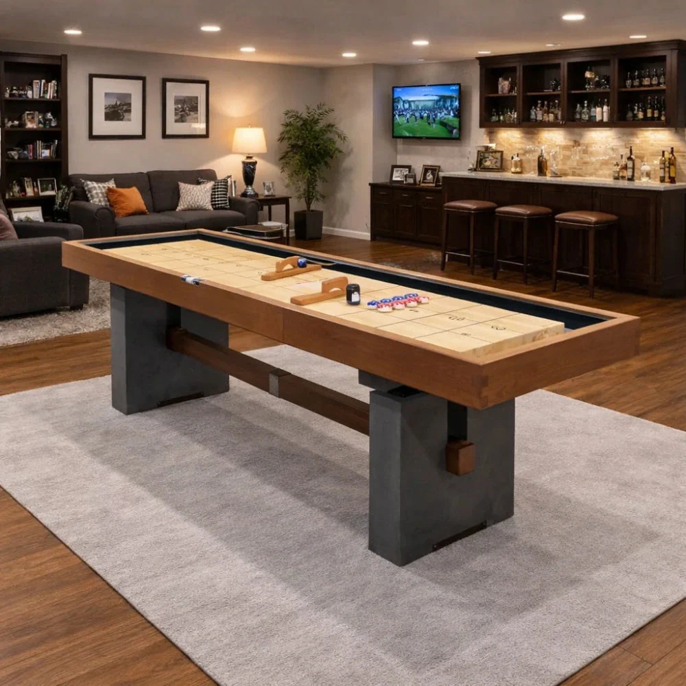SHUFLEX 12FT Solid Wood Shuffleboard Table - Professional Hardwood Playing Surface, Smooth Stable Roll, Heavy-Duty Frame, Indoor Game Table - Brown Wood Grain - Image 4