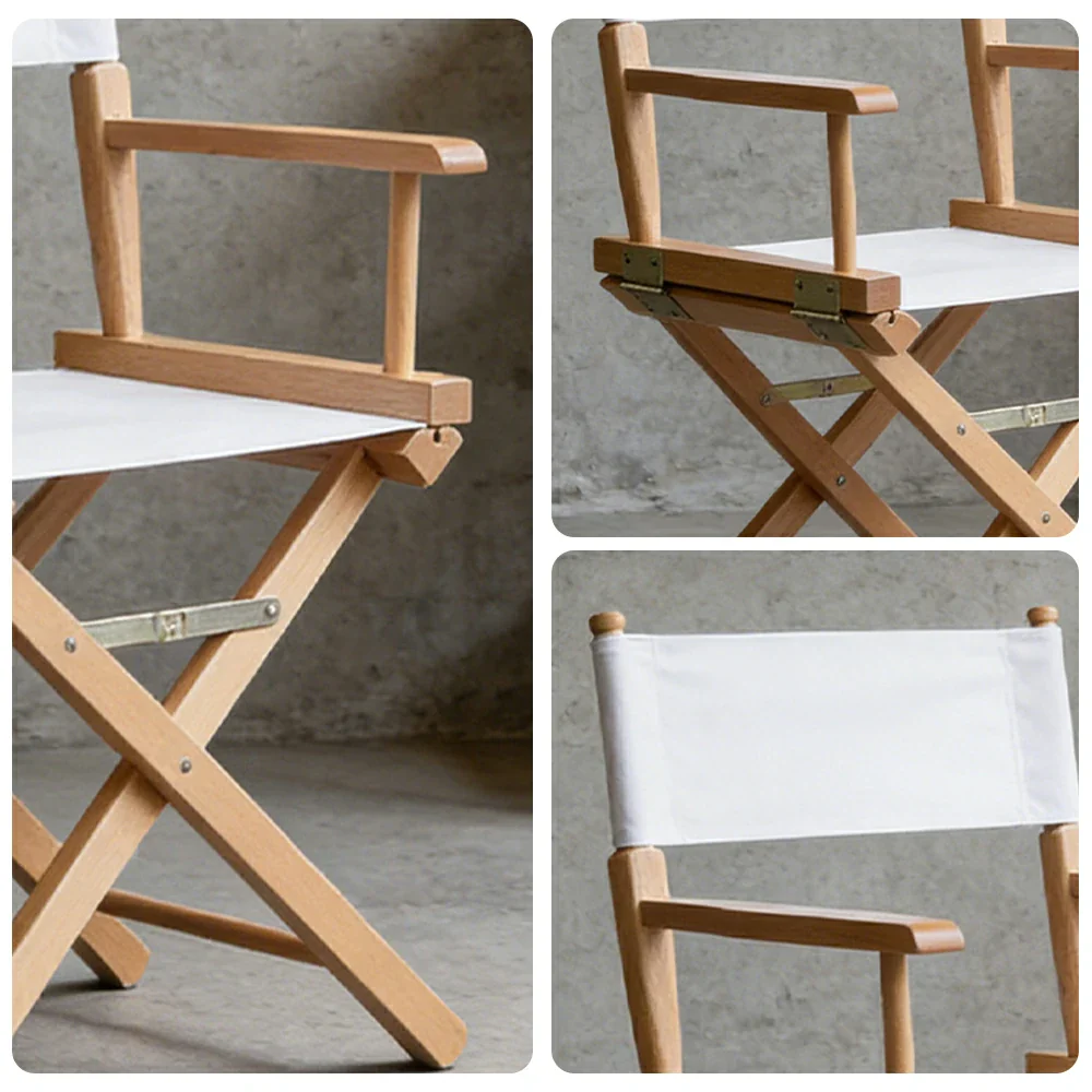 SOLARA Folding Director Chair - Solid Wood Cross Frame with Breathable Canvas Seat, Portable Outdoor Camping & Makeup Chair - Natural Wood & White - Image 3
