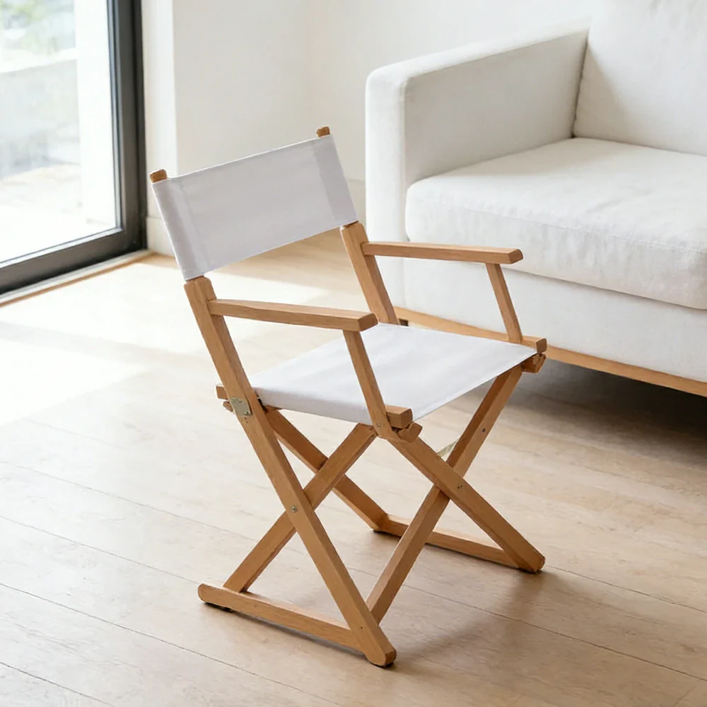 SOLARA Folding Director Chair - Solid Wood Cross Frame with Breathable Canvas Seat, Portable Outdoor Camping & Makeup Chair - Natural Wood & White - Image 4