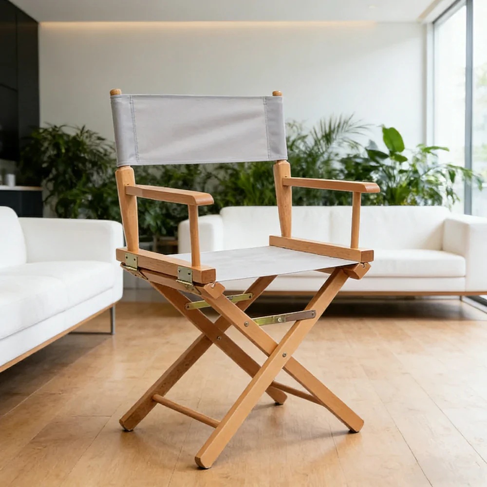 SOLARA Folding Director Chair - Solid Wood Cross Frame with Breathable Canvas Seat, Portable Outdoor Camping & Makeup Chair - Natural Wood & Grey - Image 4