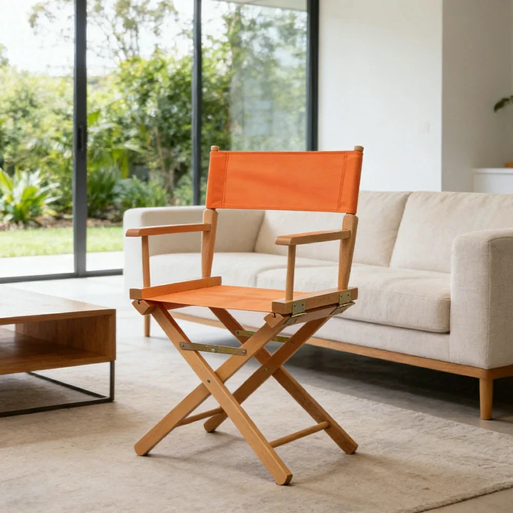 SOLARA Folding Director Chair - Solid Wood Cross Frame with Breathable Canvas Seat, Portable Outdoor Camping & Makeup Chair - Natural Wood & Orange - Image 2