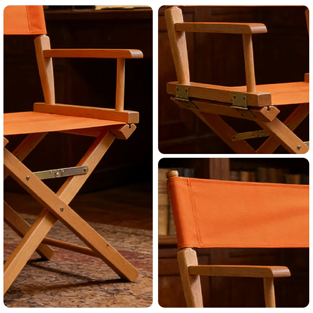 SOLARA Folding Director Chair - Solid Wood Cross Frame with Breathable Canvas Seat, Portable Outdoor Camping & Makeup Chair - Natural Wood & Orange - Image 3