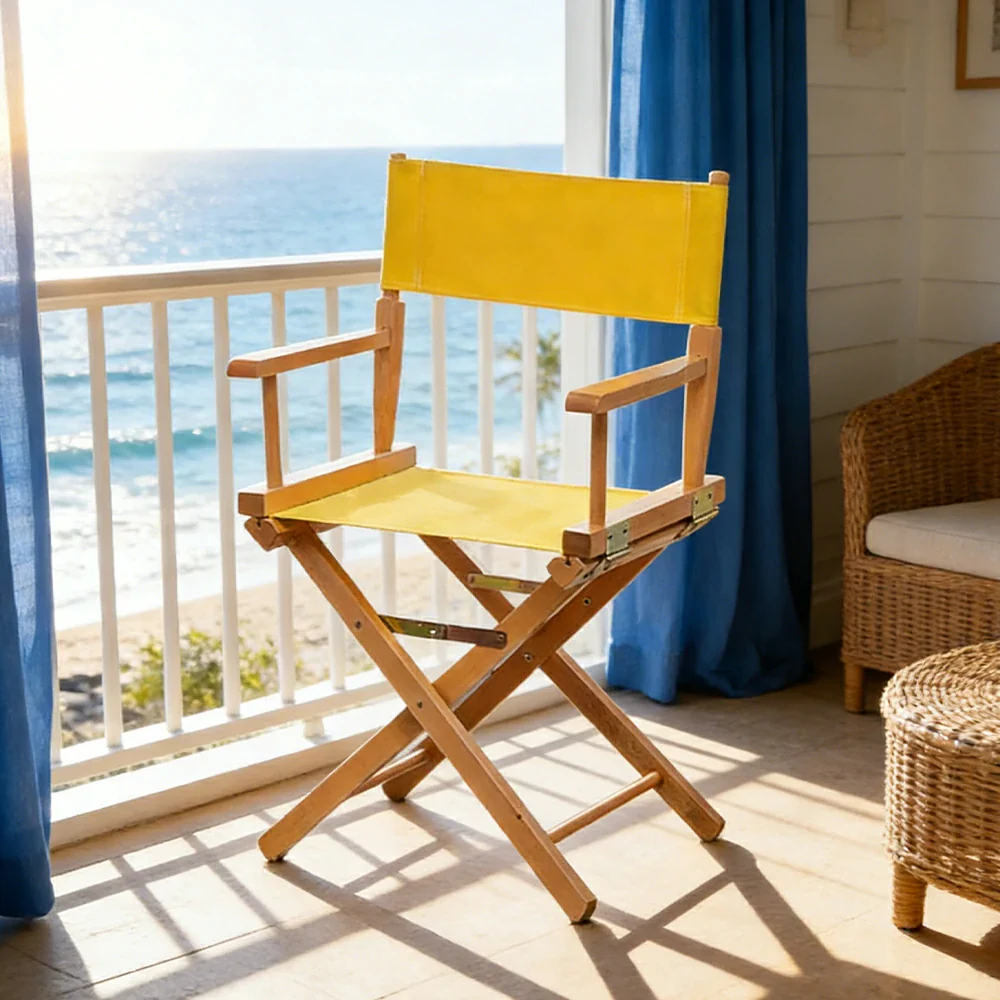 SOLARA Folding Director Chair - Solid Wood Cross Frame with Breathable Canvas Seat, Portable Outdoor Camping & Makeup Chair - Natural Wood & Yellow - Image 2