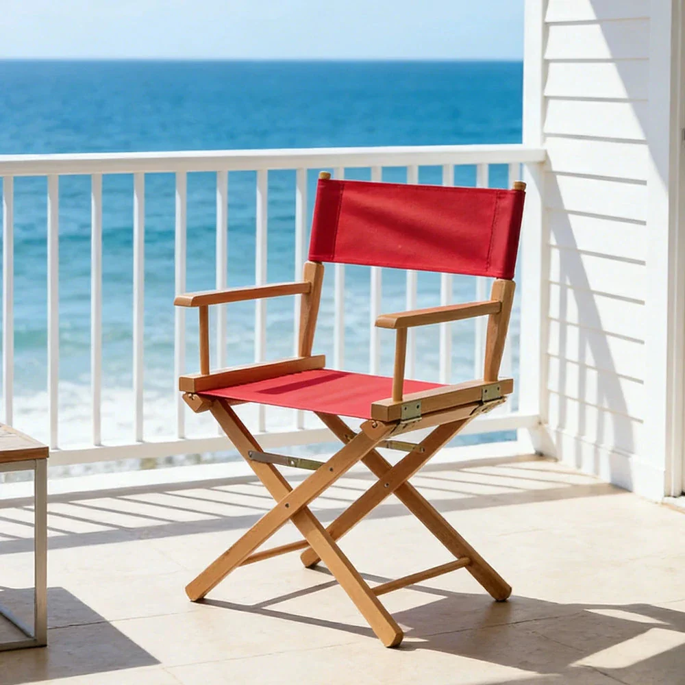SOLARA Folding Director Chair - Solid Wood Cross Frame with Breathable Canvas Seat, Portable Outdoor Camping & Makeup Chair - Natural Wood & Wine Red - Image 2