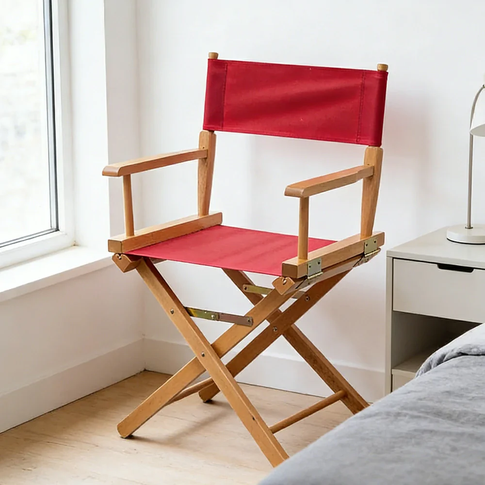 SOLARA Folding Director Chair - Solid Wood Cross Frame with Breathable Canvas Seat, Portable Outdoor Camping & Makeup Chair - Natural Wood & Wine Red - Image 4