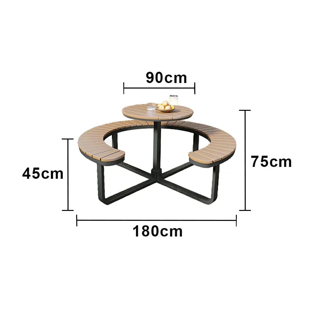 SOLARA Outdoor Round Picnic Table Set - Integrated Circular Bench Seating, Iron Frame with Wood-Plastic Slats, 150/160/180cm Garden Patio Dining Table - Black & Wood - Image 15