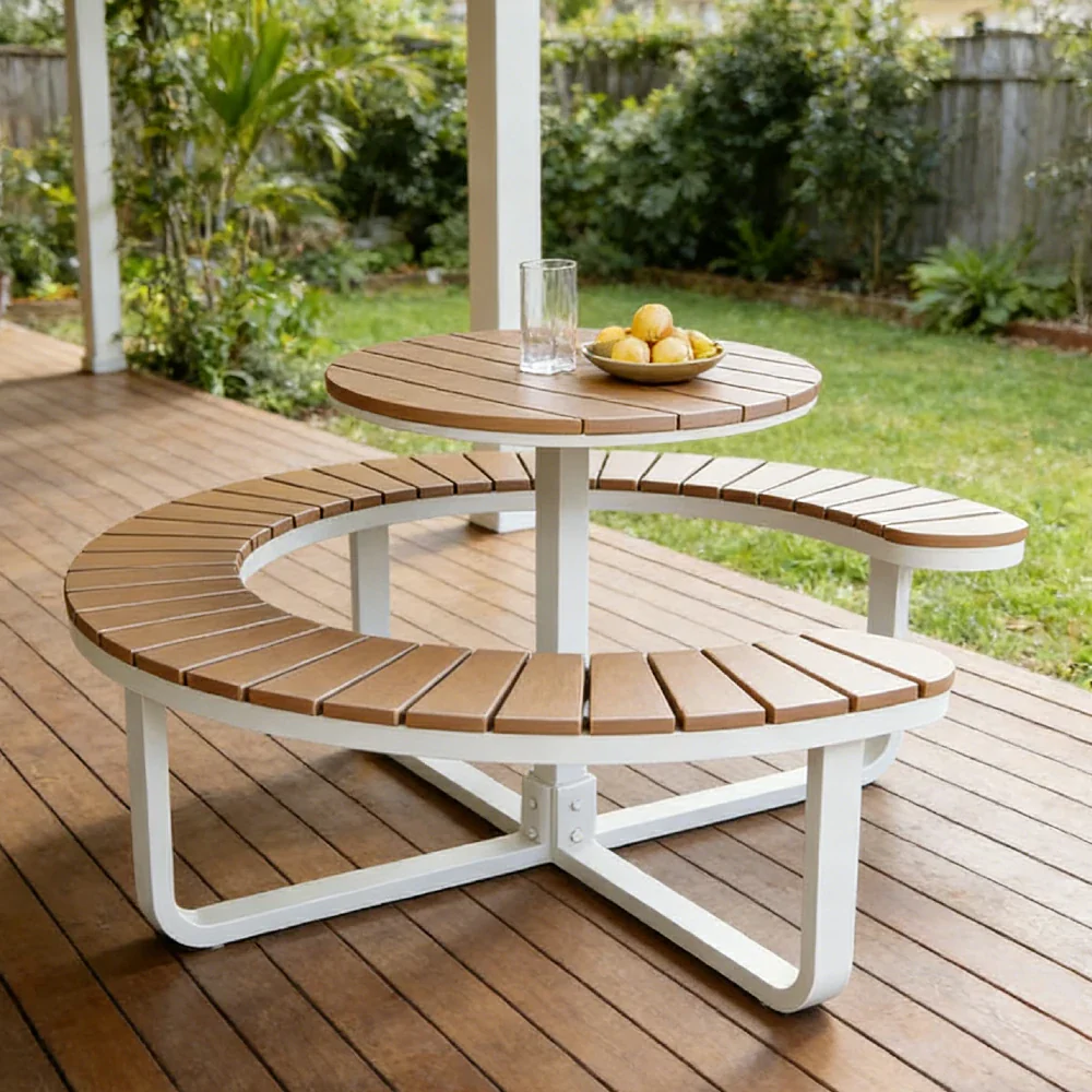 SOLARA Outdoor Round Picnic Table Set - Integrated Circular Bench Seating, Iron Frame with Wood-Plastic Slats, 150/160/180cm Garden Patio Dining Table - White & Wood - Image 10