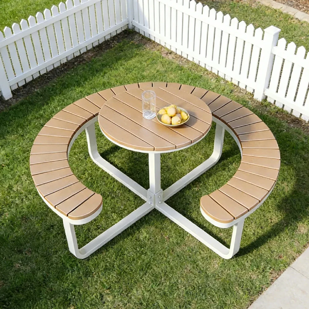 SOLARA Outdoor Round Picnic Table Set - Integrated Circular Bench Seating, Iron Frame with Wood-Plastic Slats, 150/160/180cm Garden Patio Dining Table - White & Wood - Image 14