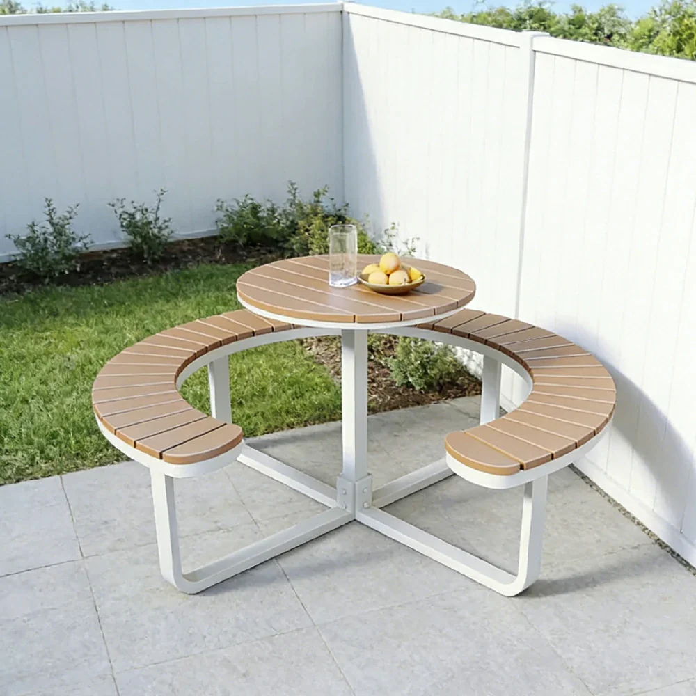 SOLARA Outdoor Round Picnic Table Set - Integrated Circular Bench Seating, Iron Frame with Wood-Plastic Slats, 150/160/180cm Garden Patio Dining Table - White & Wood - Image 2