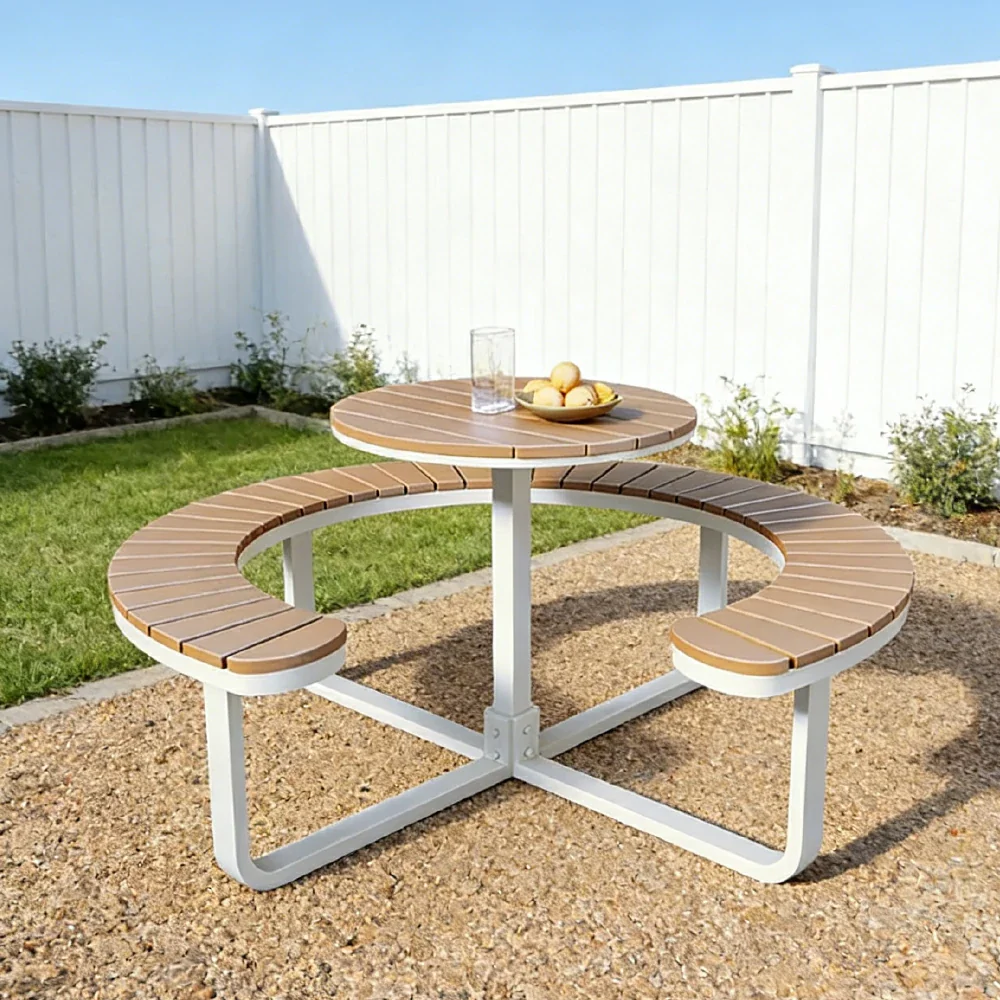 SOLARA Outdoor Round Picnic Table Set - Integrated Circular Bench Seating, Iron Frame with Wood-Plastic Slats, 150/160/180cm Garden Patio Dining Table - White & Wood - Image 4