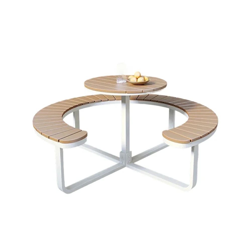SOLARA Outdoor Round Picnic Table Set - Integrated Circular Bench Seating, Iron Frame with Wood-Plastic Slats, 150/160/180cm Garden Patio Dining Table - White & Wood - Image 5