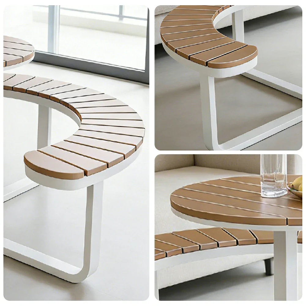 SOLARA Outdoor Round Picnic Table Set - Integrated Circular Bench Seating, Iron Frame with Wood-Plastic Slats, 150/160/180cm Garden Patio Dining Table - White & Wood - Image 8