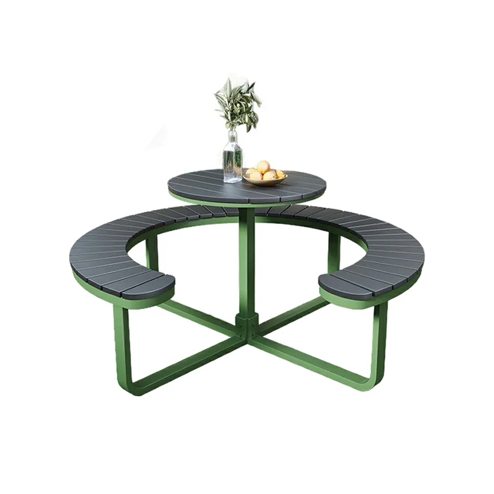 SOLARA Outdoor Round Picnic Table Set - Integrated Circular Bench Seating, Iron Frame with Wood-Plastic Slats, 150/160/180cm Garden Patio Dining Table - Green & Wood - Image 10