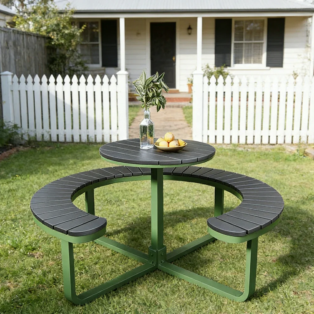 SOLARA Outdoor Round Picnic Table Set - Integrated Circular Bench Seating, Iron Frame with Wood-Plastic Slats, 150/160/180cm Garden Patio Dining Table - Green & Wood - Image 11