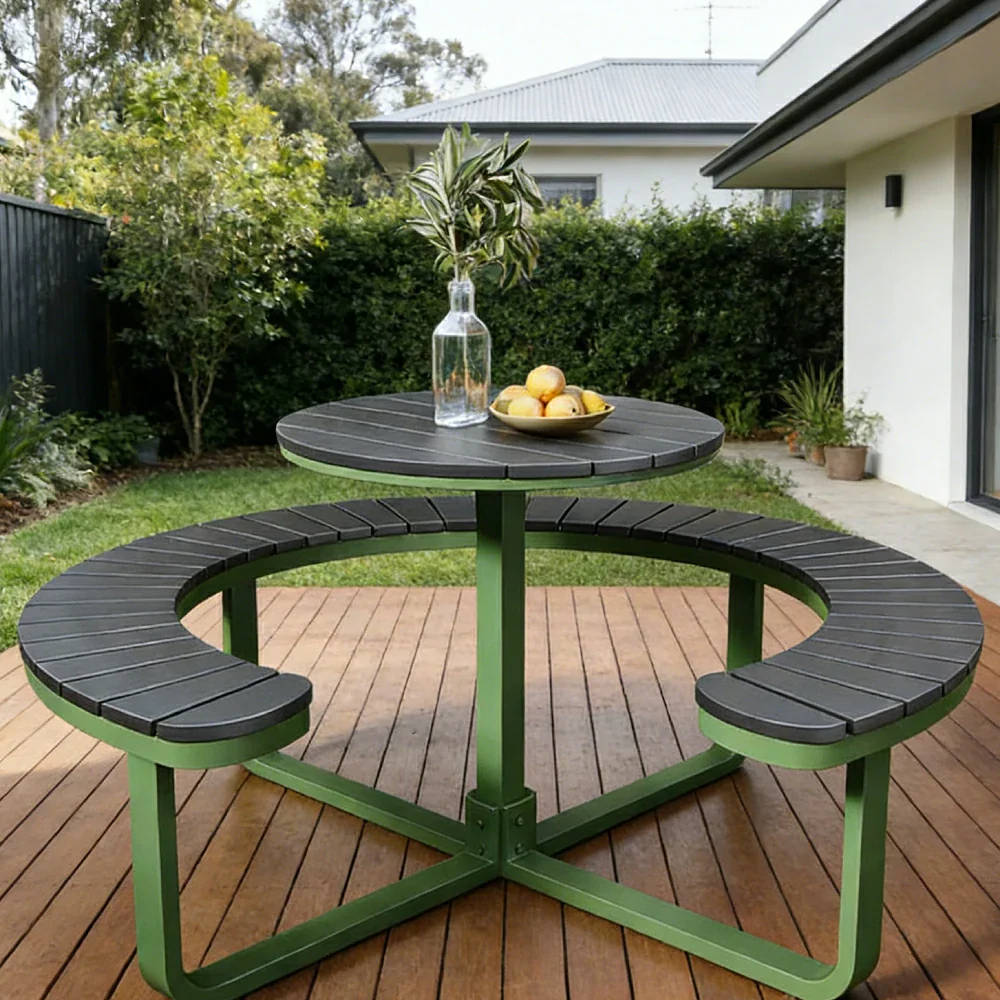 SOLARA Outdoor Round Picnic Table Set - Integrated Circular Bench Seating, Iron Frame with Wood-Plastic Slats, 150/160/180cm Garden Patio Dining Table - Green & Wood - Image 13